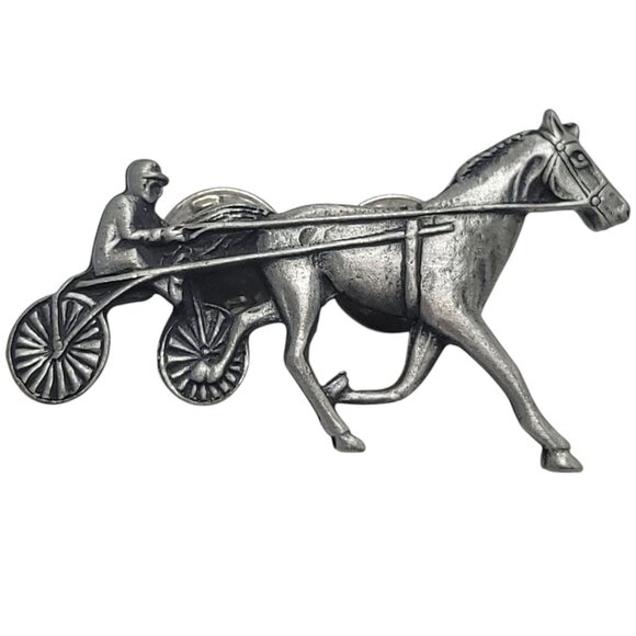 Vintage Pewter Horse Harness Racing Pin Brooch With Dual Clutch Back Fasteners - Picture 1 of 8